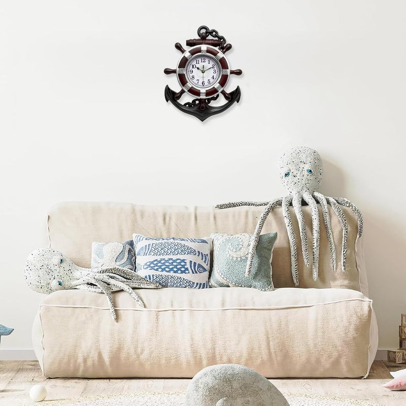 SENYURI Anchor Outdoor Clock, Nautical Ship Wheel Rudder Wall Clock, Beach Sea Style Decorative Clock for Patio, Pool, Porch (Silver + Dark Red) - Image 4